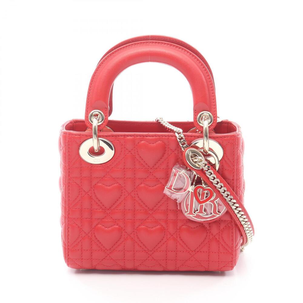 Christian Dior Lady Heart Cannage Handbag Leather Red